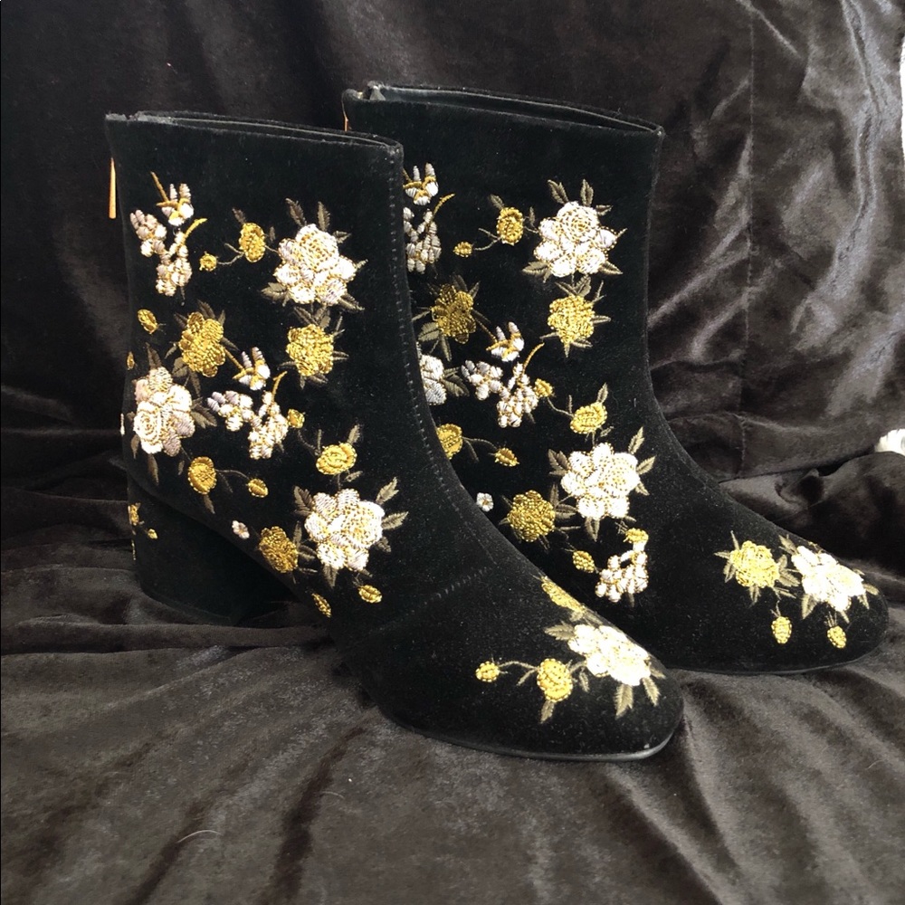 Velvet Floral Ankle Boots